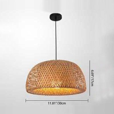 Traditional Chinese Cylindrical Round Bamboo Iron 1-Light Pendant Light For Living Room