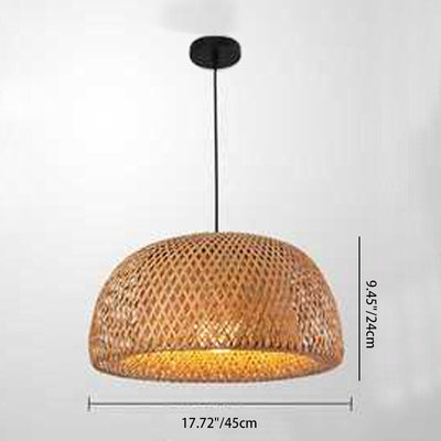 Traditional Chinese Cylindrical Round Bamboo Iron 1-Light Pendant Light For Living Room
