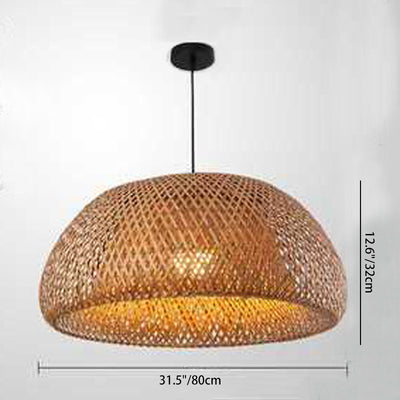 Traditional Chinese Cylindrical Round Bamboo Iron 1-Light Pendant Light For Living Room