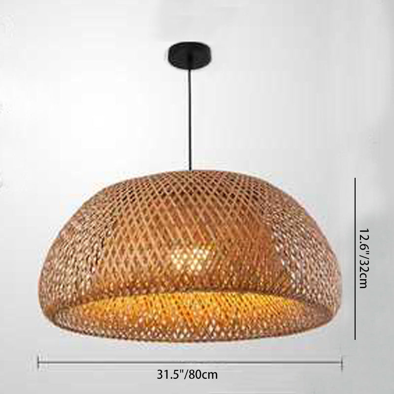 Traditional Chinese Cylindrical Round Bamboo Iron 1-Light Pendant Light For Living Room