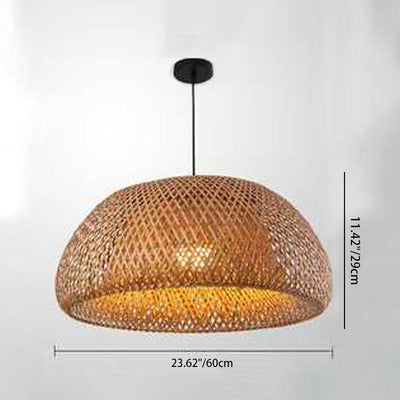 Traditional Chinese Cylindrical Round Bamboo Iron 1-Light Pendant Light For Living Room