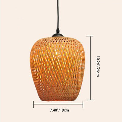 Traditional Chinese Cylindrical Round Bamboo Iron 1-Light Pendant Light For Living Room