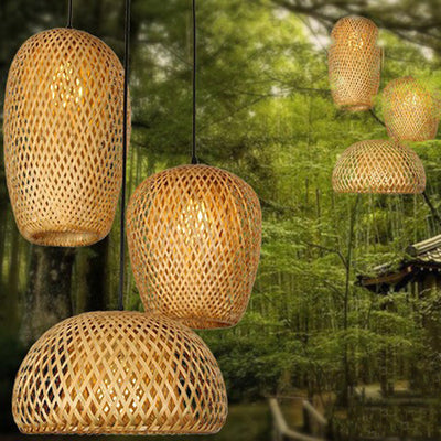 Traditional Chinese Cylindrical Round Bamboo Iron 1-Light Pendant Light For Living Room