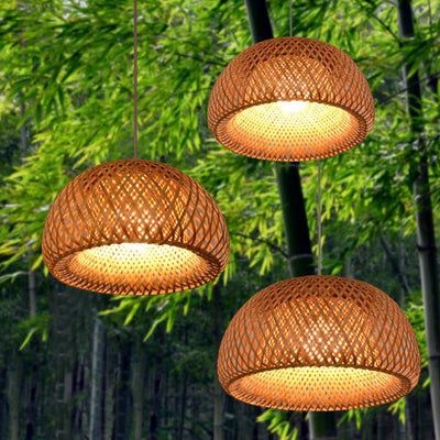 Traditional Chinese Cylindrical Round Bamboo Iron 1-Light Pendant Light For Living Room