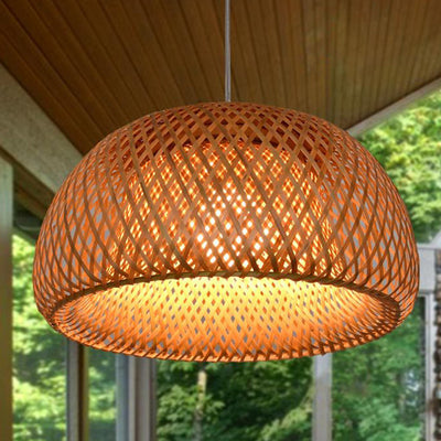 Traditional Chinese Cylindrical Round Bamboo Iron 1-Light Pendant Light For Living Room