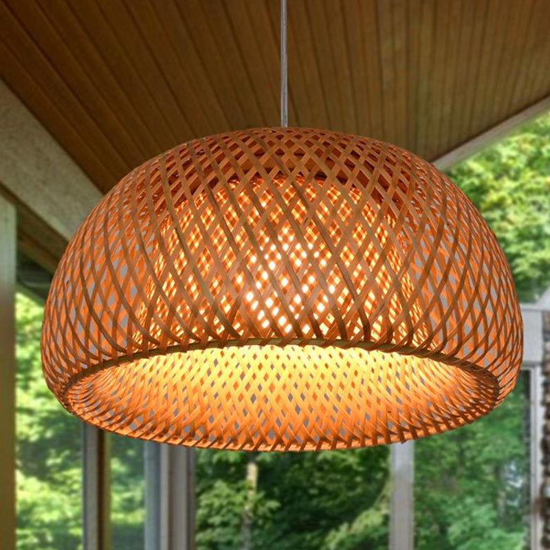 Traditional Chinese Cylindrical Round Bamboo Iron 1-Light Pendant Light For Living Room