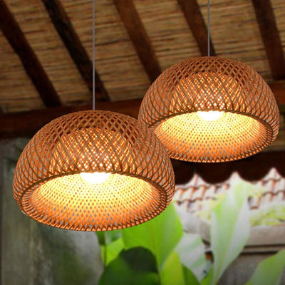 Traditional Chinese Cylindrical Round Bamboo Iron 1-Light Pendant Light For Living Room