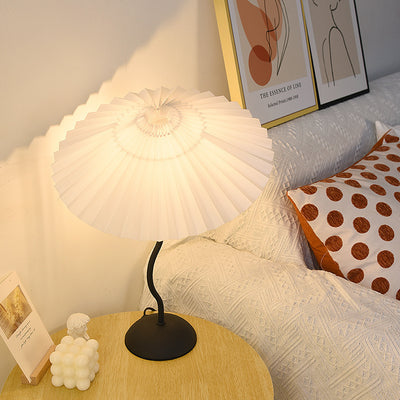 Contemporary Scandinavian Pleated Fan-Shaped Round Iron Fabric 1-Light Table Lamp For Bedroom