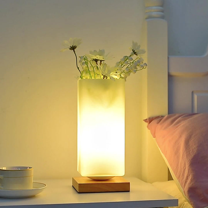 Moderne minimalistische zylindrische quadratische Holz-Glas-LED-Tischlampe für das Schlafzimmer 
