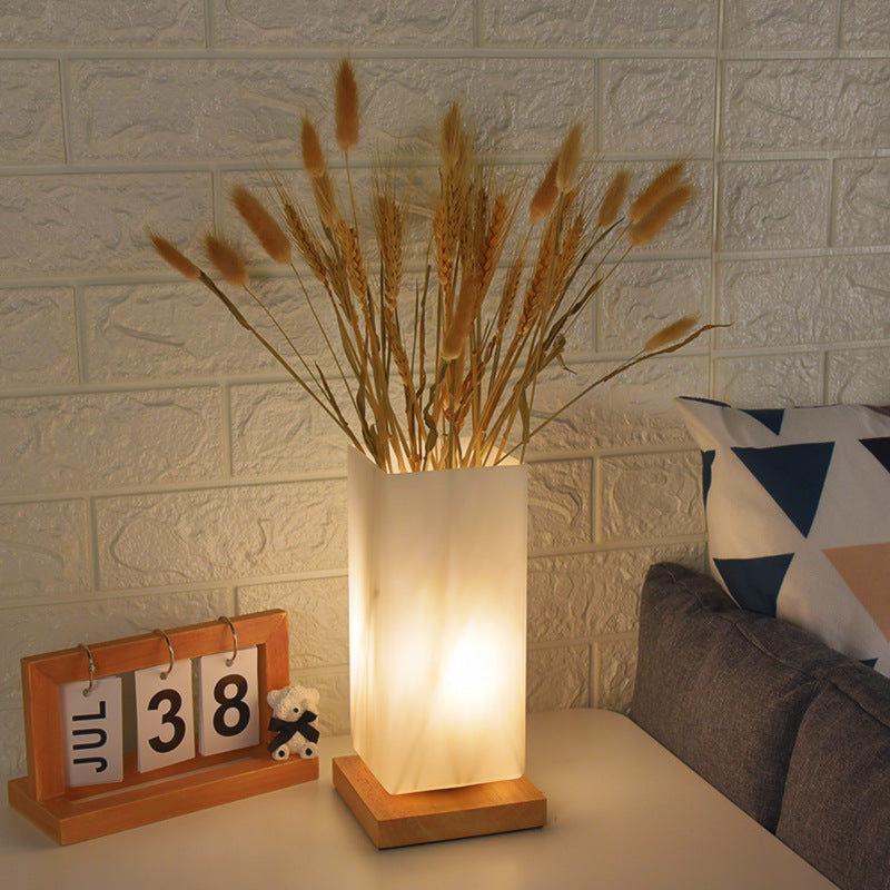 Modern Minimalist Cylindrical Square Wooden Glass LED Table Lamp For Bedroom