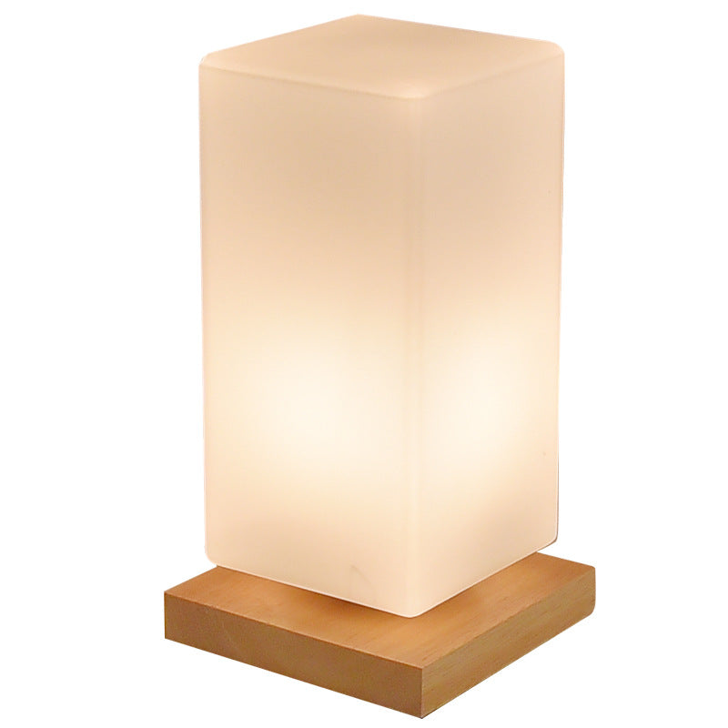 Modern Minimalist Cylindrical Square Wooden Glass LED Table Lamp For Bedroom