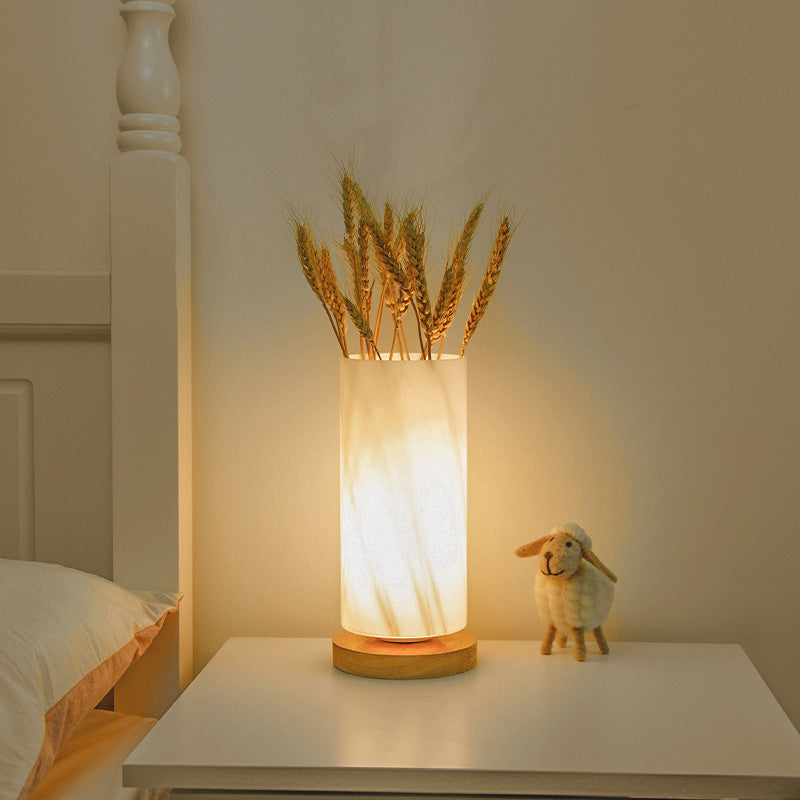 Modern Minimalist Cylindrical Square Wooden Glass LED Table Lamp For Bedroom