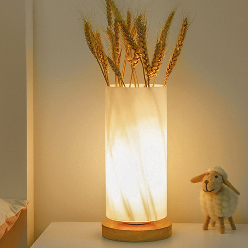 Modern Minimalist Cylindrical Square Wooden Glass LED Table Lamp For Bedroom