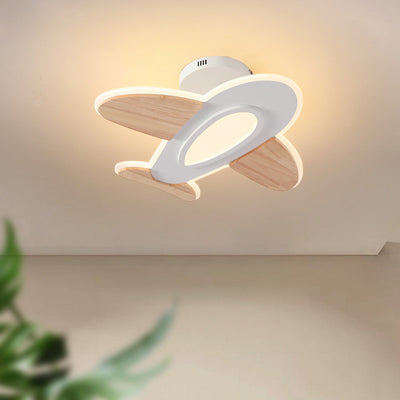 Contemporary Creative Kid Aircraft-Shaped Round Iron Aluminum Acrylic Wooden LED Semi-Flush Mount Ceiling Light For Bedroom
