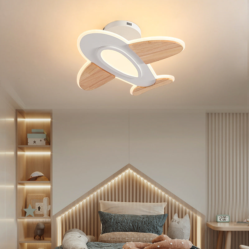 Contemporary Creative Kid Aircraft-Shaped Round Iron Aluminum Acrylic Wooden LED Semi-Flush Mount Ceiling Light For Bedroom