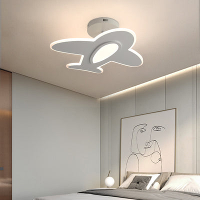 Contemporary Creative Kid Aircraft-Shaped Round Iron Aluminum Acrylic Wooden LED Semi-Flush Mount Ceiling Light For Bedroom