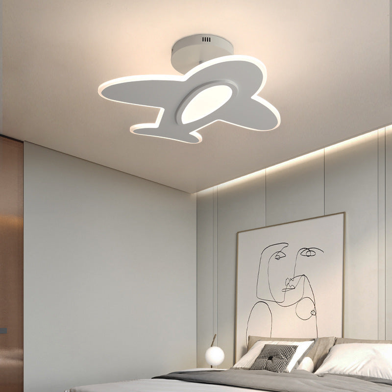 Contemporary Creative Kid Aircraft-Shaped Round Iron Aluminum Acrylic Wooden LED Semi-Flush Mount Ceiling Light For Bedroom