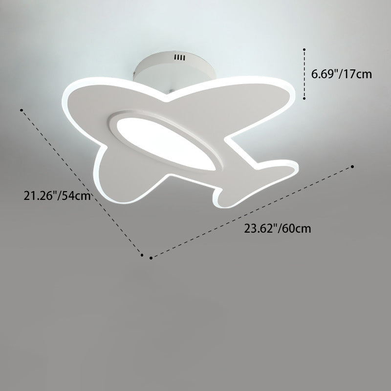 Contemporary Creative Kid Aircraft-Shaped Round Iron Aluminum Acrylic Wooden LED Semi-Flush Mount Ceiling Light For Bedroom