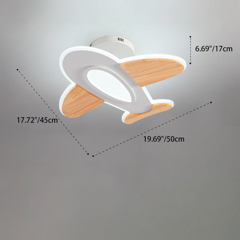 Contemporary Creative Kid Aircraft-Shaped Round Iron Aluminum Acrylic Wooden LED Semi-Flush Mount Ceiling Light For Bedroom