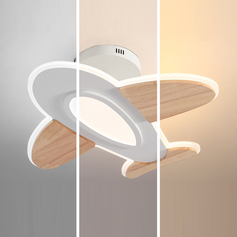 Contemporary Creative Kid Aircraft-Shaped Round Iron Aluminum Acrylic Wooden LED Semi-Flush Mount Ceiling Light For Bedroom