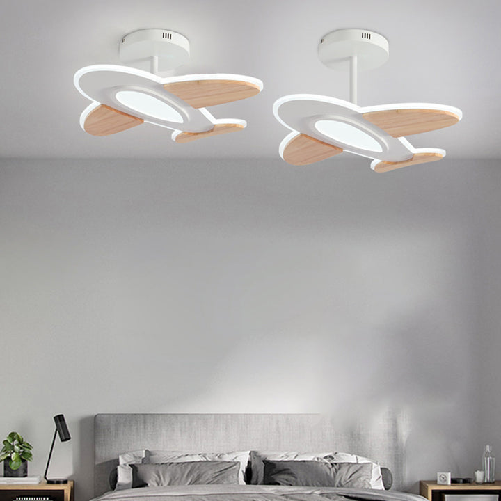 Lustre de plafond semi-encastré LED en bois et en fer en forme d&