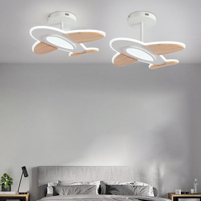 Contemporary Creative Kid Aircraft-Shaped Round Iron Aluminum Acrylic Wooden LED Semi-Flush Mount Ceiling Light For Bedroom