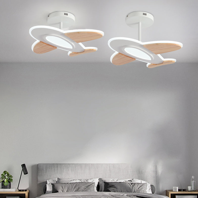 Contemporary Creative Kid Aircraft-Shaped Round Iron Aluminum Acrylic Wooden LED Semi-Flush Mount Ceiling Light For Bedroom
