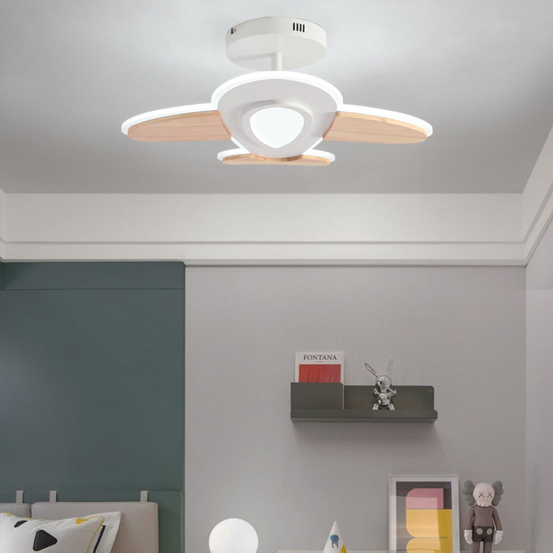 Contemporary Creative Kid Aircraft-Shaped Round Iron Aluminum Acrylic Wooden LED Semi-Flush Mount Ceiling Light For Bedroom