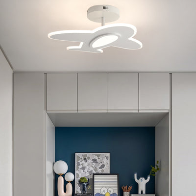 Contemporary Creative Kid Aircraft-Shaped Round Iron Aluminum Acrylic Wooden LED Semi-Flush Mount Ceiling Light For Bedroom