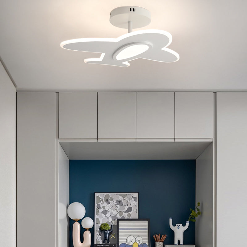 Contemporary Creative Kid Aircraft-Shaped Round Iron Aluminum Acrylic Wooden LED Semi-Flush Mount Ceiling Light For Bedroom