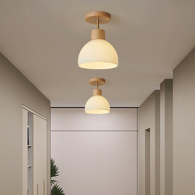 Modern Minimalist Spherical Round Flower-Shaped Wooden Glass 1-Light Semi-Flush Mount Ceiling Lamp For Living Room