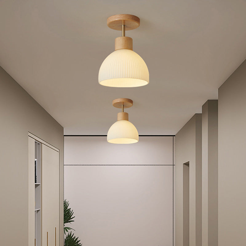 Modern Minimalist Spherical Round Flower-Shaped Wooden Glass 1-Light Semi-Flush Mount Ceiling Lamp For Living Room