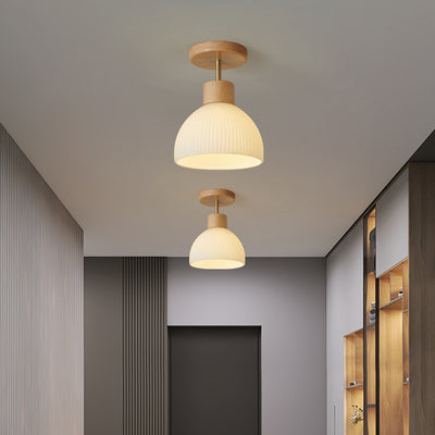 Modern Minimalist Spherical Round Flower-Shaped Wooden Glass 1-Light Semi-Flush Mount Ceiling Lamp For Living Room