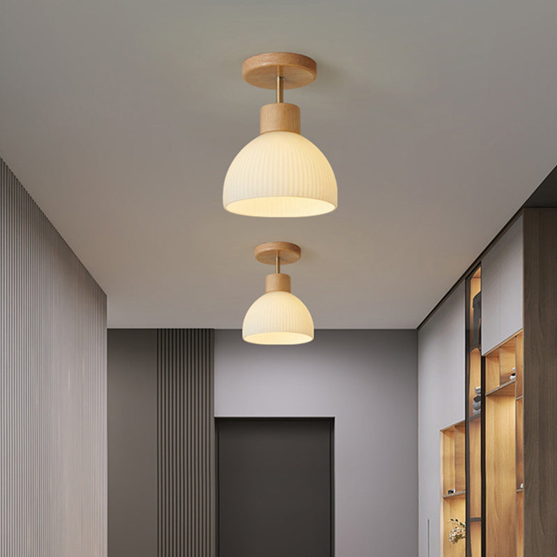 Modern Minimalist Spherical Round Flower-Shaped Wooden Glass 1-Light Semi-Flush Mount Ceiling Lamp For Living Room