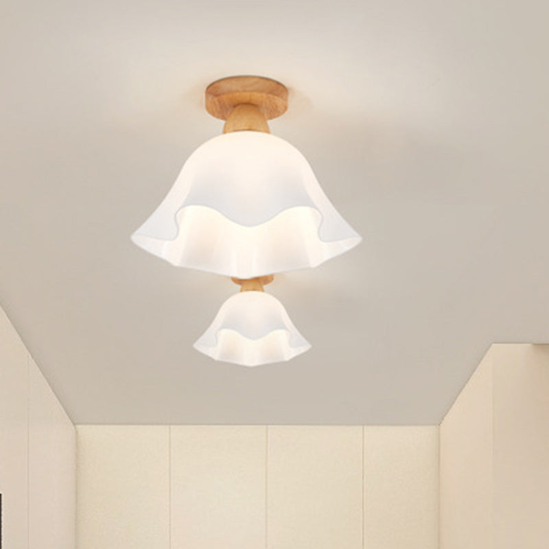 Modern Minimalist Spherical Round Flower-Shaped Wooden Glass 1-Light Semi-Flush Mount Ceiling Lamp For Living Room