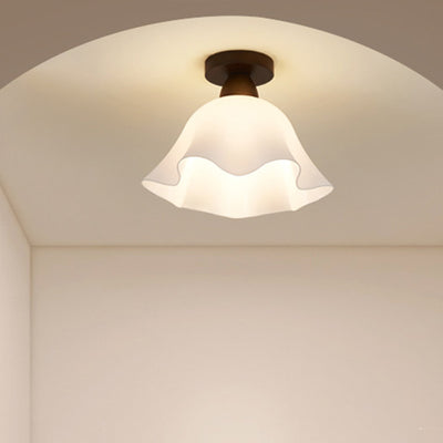 Modern Minimalist Spherical Round Flower-Shaped Wooden Glass 1-Light Semi-Flush Mount Ceiling Lamp For Living Room