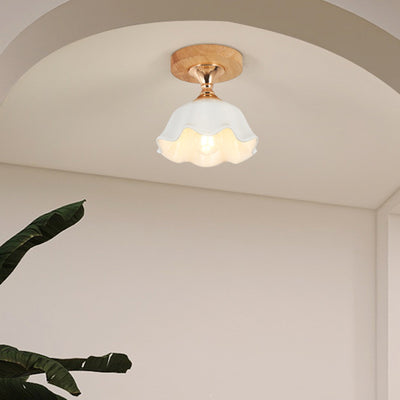 Modern Minimalist Spherical Round Flower-Shaped Wooden Glass 1-Light Semi-Flush Mount Ceiling Lamp For Living Room