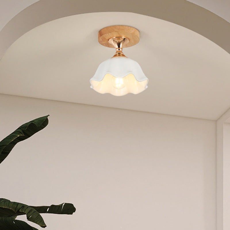 Modern Minimalist Spherical Round Flower-Shaped Wooden Glass 1-Light Semi-Flush Mount Ceiling Lamp For Living Room