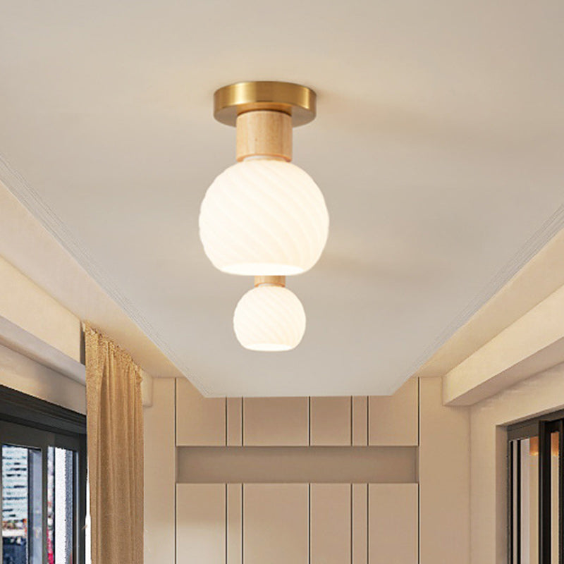 Modern Minimalist Spherical Round Flower-Shaped Wooden Glass 1-Light Semi-Flush Mount Ceiling Lamp For Living Room