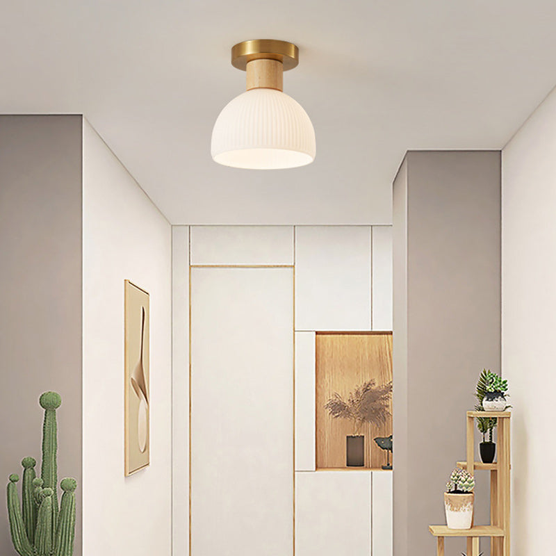 Modern Minimalist Spherical Round Flower-Shaped Wooden Glass 1-Light Semi-Flush Mount Ceiling Lamp For Living Room