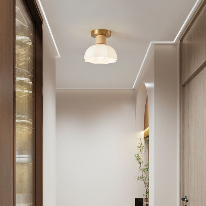 Modern Minimalist Spherical Round Flower-Shaped Wooden Glass 1-Light Semi-Flush Mount Ceiling Lamp For Living Room