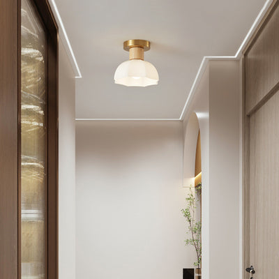 Modern Minimalist Spherical Round Flower-Shaped Wooden Glass 1-Light Semi-Flush Mount Ceiling Lamp For Living Room