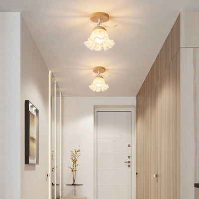 Modern Minimalist Spherical Round Flower-Shaped Wooden Glass 1-Light Semi-Flush Mount Ceiling Lamp For Living Room