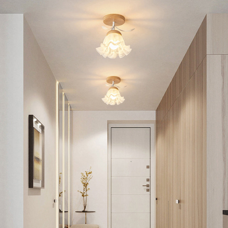 Modern Minimalist Spherical Round Flower-Shaped Wooden Glass 1-Light Semi-Flush Mount Ceiling Lamp For Living Room