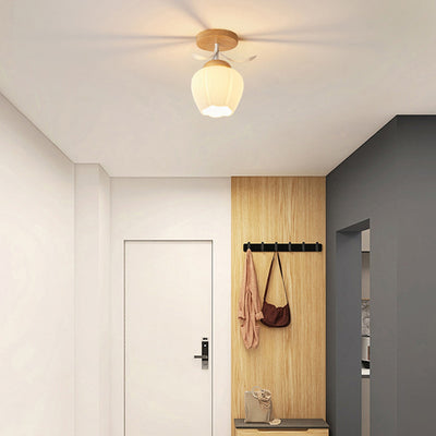 Modern Minimalist Spherical Round Flower-Shaped Wooden Glass 1-Light Semi-Flush Mount Ceiling Lamp For Living Room