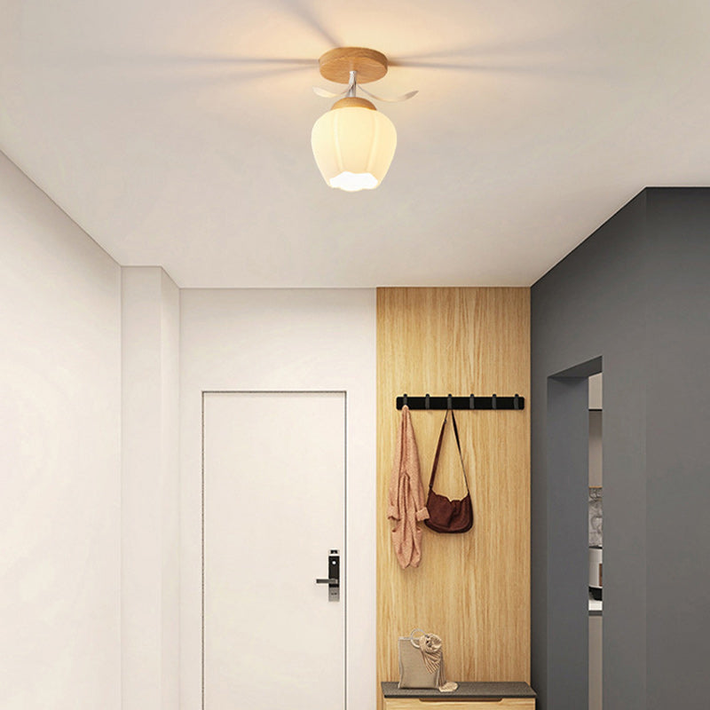 Modern Minimalist Spherical Round Flower-Shaped Wooden Glass 1-Light Semi-Flush Mount Ceiling Lamp For Living Room