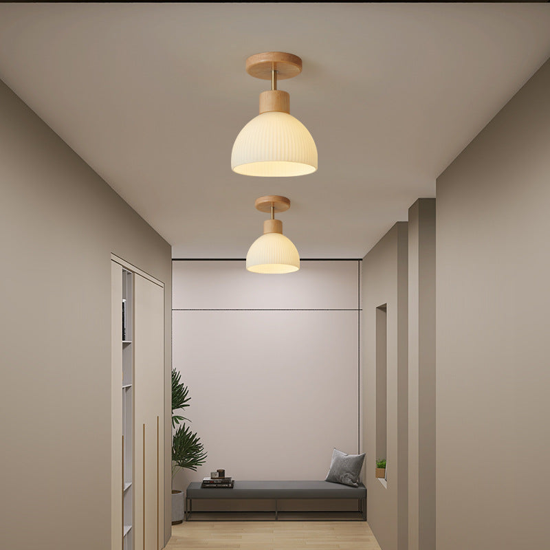 Modern Minimalist Spherical Round Flower-Shaped Wooden Glass 1-Light Semi-Flush Mount Ceiling Lamp For Living Room