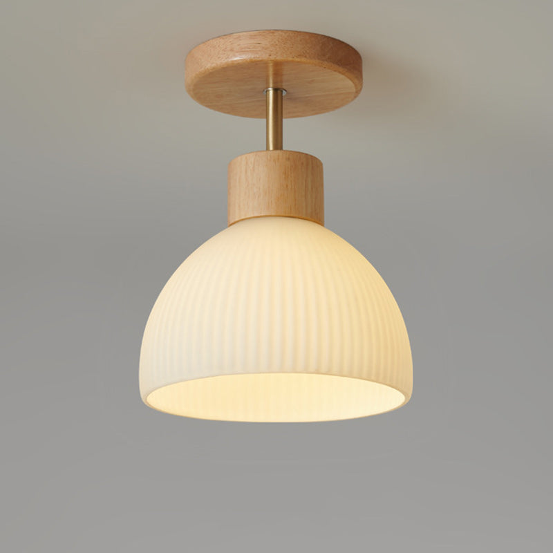 Modern Minimalist Spherical Round Flower-Shaped Wooden Glass 1-Light Semi-Flush Mount Ceiling Lamp For Living Room