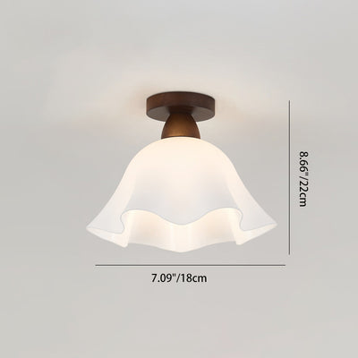 Modern Minimalist Spherical Round Flower-Shaped Wooden Glass 1-Light Semi-Flush Mount Ceiling Lamp For Living Room