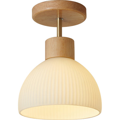 Modern Minimalist Spherical Round Flower-Shaped Wooden Glass 1-Light Semi-Flush Mount Ceiling Lamp For Living Room